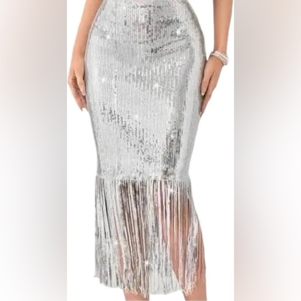 Rachel Zoe Silver Sequin Midi Fringe Skirt